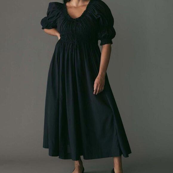 Doen Ischia Maxi Dress Smocked Puff Sleeve Solid Ruffle Badydoll Navy S 275610 - Picture 7 of 15